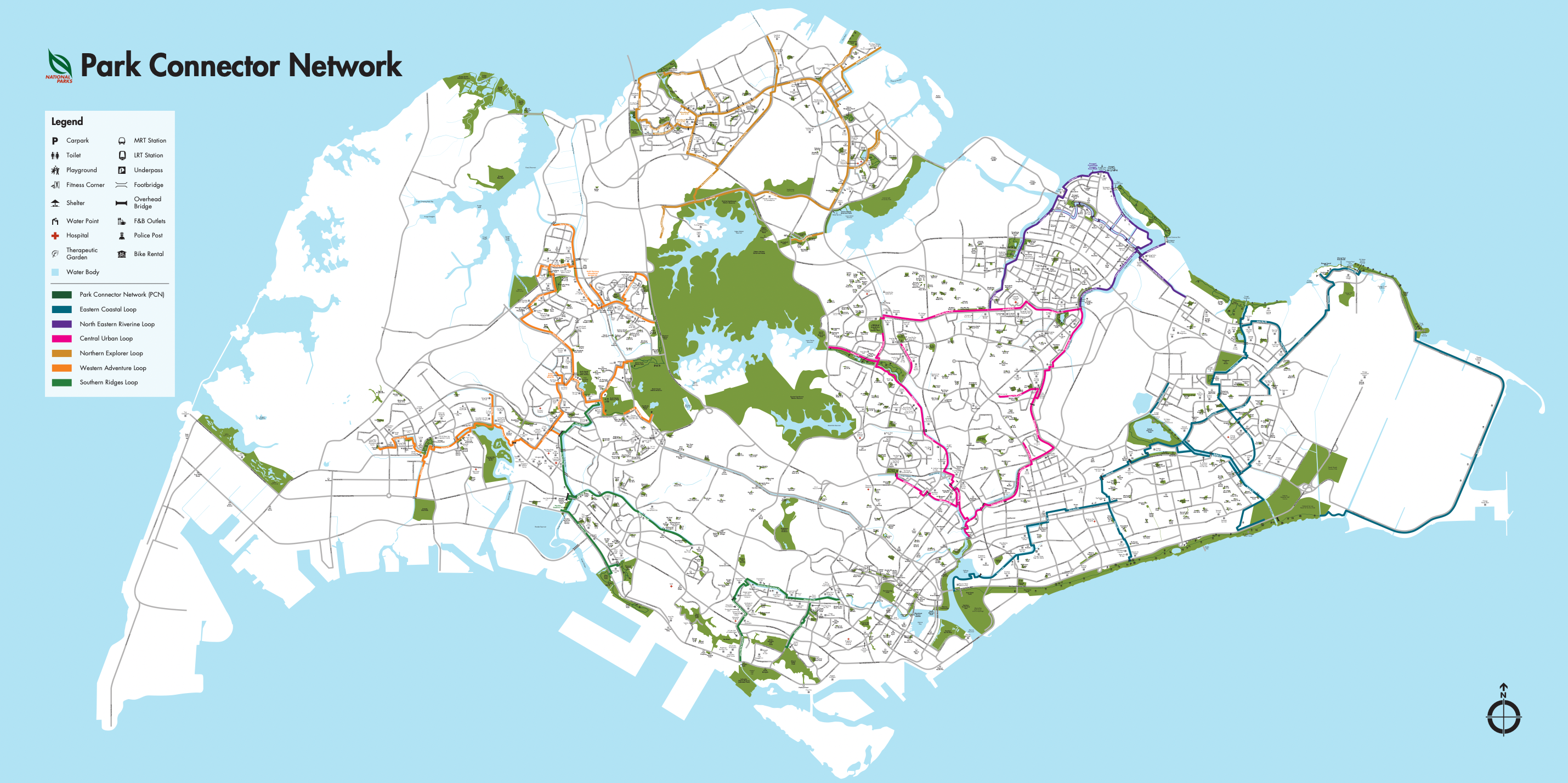 Map of a park connector network with various colored loops and a legend explaining icons for facilities and routes.